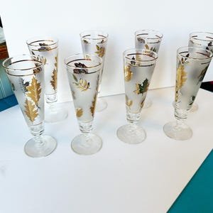 Libbey Gold Leaf Frosted Glassware, Mid Century Modern, Vintage Barware, MCM Pilsner Glasses, Gold Leaf Libbey Glass Company, Beer Glasses