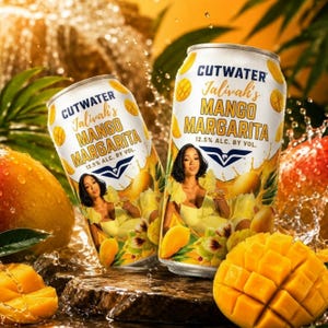 May include: Two aluminum cans of Cutwater Jalivah's Mango Margarita with 12.5% alc. by vol. printed on the front. Each can features a graphic of a person in a yellow dress holding a drink, surrounded by illustrations of fresh mangoes and splashes.