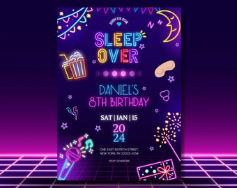 Sleepover Birthday Invitation, Printable Slumber Party Invite, Neon Sleepover Invite, Pajama party Canva Editable Template, Instant download