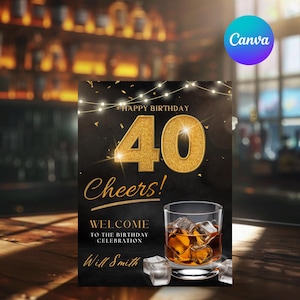 Fête des 40 ans pour homme, plaque de bienvenue modifiable de whisky, affiche imprimable de plaque d&#39;entrée, modèle Canva à 40 ans, téléchargement immédiat