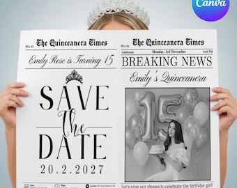 15th Quinceanera Save the Date Newspaper Mis Quince Newspaper Save the Date Quinceañera Photoshoot,Sweet 15 Newspaper Invite QuinceNewspaper
