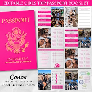 Puede incluir: Un folleto de pasaporte editable de color rosa brillante para un viaje de chicas, con un emblema de águila dorada, itinerarios, collages de fotos, juegos como tres en raya y sopas de letras. El texto incluye "PASSPORT", "CANCER SZN" y "8.5 x 6.54 Inches".