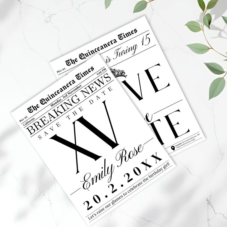 May include: Two white newspaper-style invitations with black text. The headline reads "BREAKING NEWS" and "SAVE THE DATE". The invitations are for a Quincea&ntilde;era, with the name "Emily Rose" and the date "20.2.20XX".