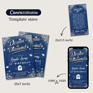 Puede incluir: Plantillas digitales para una fiesta de cumplea&ntilde;os con tem&aacute;tica "Denim & Diamonds", que incluyen invitaciones (12,7 x 17,8 cm), etiquetas de agradecimiento (5,1 x 8,9 cm) y una pantalla de tel&eacute;fono (1080 x 1920 px). Los dise&ntilde;os presentan un fondo con textura de mezclilla con detalles de purpurina plateada.