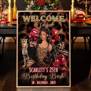 May include: A framed party sign with a leopard print background. The sign reads "WELCOME To Celebrate" at the top, and "SCARLETT'S 25TH Birthday Bash 30. DECEMBER. 2025" at the bottom. The sign features a woman in a leopard print dress.