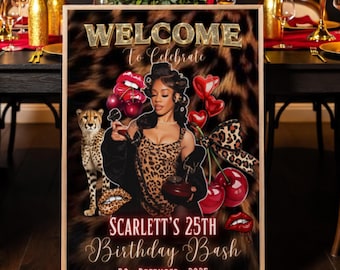 Letrero de bienvenida con estampado de guepardo para el 25.º cumpleaños, cartel de leopardo rojo y dorado, decoración de cumpleaños con estampado de guepardo, estampado de cumpleaños rojo y leopardo