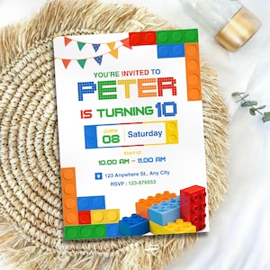 Editable Building Blocks Birthday Invitation, Building Bricks Birthday Party Invitation, Kids Blocks Theme Invitation, Canva Template