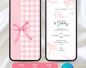 Digital Pink Bow First Birthday Invitation, Animated Coquette Bow Invite Pastel Ribbon, Pink Bow 1st Birthday Invitation any age Girl, Canva