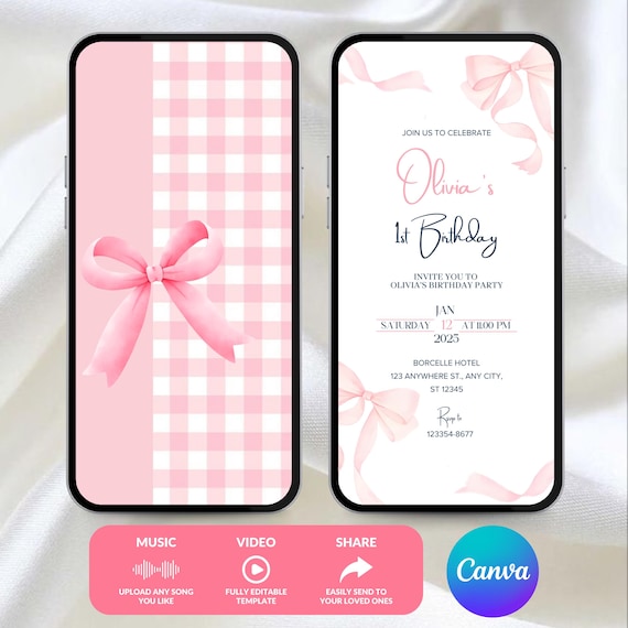 Digital Pink Bow First Birthday Invitation, Animated Coquette Bow Invite Pastel Ribbon, Pink Bow 1st Birthday Invitation any age Girl, Canva