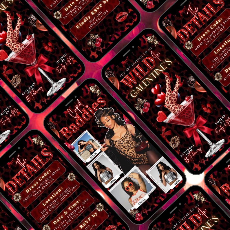 May include: A collection of smartphones displaying a party invitation. The invitation features a red and black leopard print background, martini glass illustrations, and the text "Wild Galentine's" and "Cupid Baddies".
