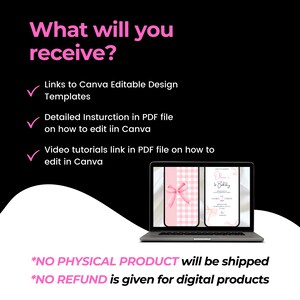 K&ouml;nnte beinhalten: Schwarzer Hintergrund mit rosa Text, der die Funktionen eines digitalen Produkts auflistet, einschlie&szlig;lich Canva-Vorlagen und Video-Tutorials. Ein Laptop zeigt ein rosa-wei&szlig;es Design. Text besagt "KEIN PHYSISCHES PRODUKT wird versendet."