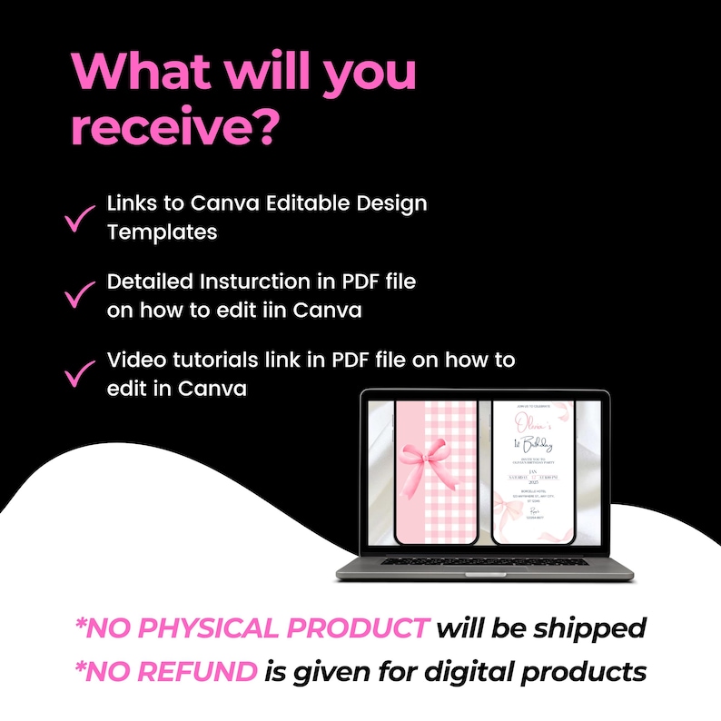 K&ouml;nnte beinhalten: Schwarzer Hintergrund mit rosa Text, der die Funktionen eines digitalen Produkts auflistet, einschlie&szlig;lich Canva-Vorlagen und Video-Tutorials. Ein Laptop zeigt ein rosa-wei&szlig;es Design. Text besagt "KEIN PHYSISCHES PRODUKT wird versendet."