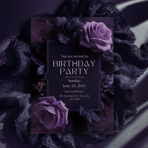 Black & Purple Floral Birthday Invite, Editable Birthday Invitation Template, Gothic Invitation, Birthday party invite, Canva Template