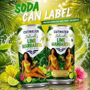 Op de afbeelding: Twee aluminium frisdrankblikjes met een Cutwater Jalivah's Lime Margarita etiket. Het ontwerp bevat een afbeelding van een persoon in een limoengroen badpak, limoenschijfjes en de tekst 12.5% alc. by vol. en premium sparkling blend with naturally infused lime flavor.