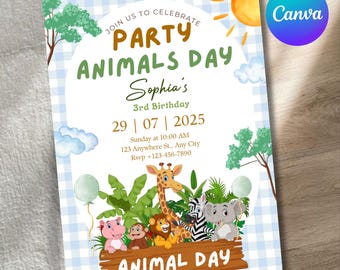 Bearbeitbare Party Animal Geburtstag einladen, Party Animal Tag, Kinder Geburtstagseinladung, Party Animal Kinder Geburtstag, Safari Animal Geburtstagsparty