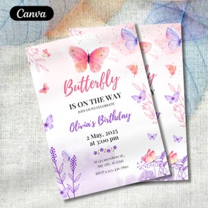 Butterfly Baby Shower Invitation, Editable Purple Butterfly Baby Shower Invitation Set for Girls, Canva Template Instant Download