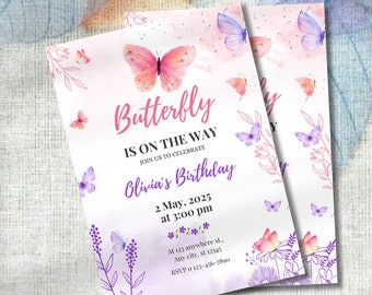Schmetterling-Babypartyeinladung, bearbeitbares Lila Schmetterling-Babypartyeinladungs-Set für Mädchen, Canva Vorlage Sofort-Download