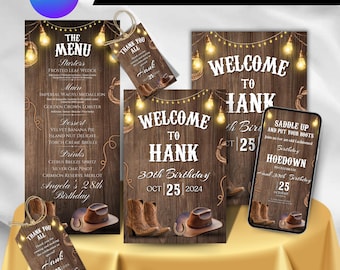 May include: A Hoedown Birthday bundle with a menu, welcome signs, and a phone mockup. The signs feature a rustic wood background, string lights, cowboy boots, and hats. The menu includes starters, main courses, desserts, and drinks.