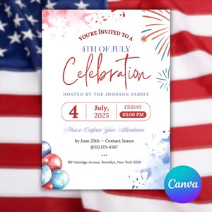 4th of July Party Invitation Template, Independence Day Party Invite, Patriotic Invite, USA Holiday, American Flag, Red White Blue Fireworks