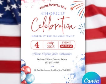 4. Juli Party Einladung Vorlage, Unabhängigkeitstag Party Einladen, Vaterländischer Einladen, USA Feiertag, Amerikanische Flagge, Rot, Weiß, Blau Feuerwerk