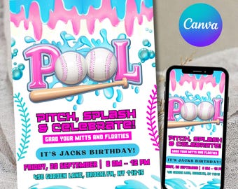 Baseball Drip Pool Party Invitation, Summer Party Invite, Ice Cream Drip, Swimming Birthday,Baseball Drip, Ice Cream Baseball,Canva Template