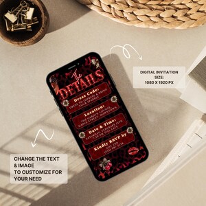 May include: A smartphone displays a digital invitation with a red and black leopard print background. The invitation includes details such as dress code, location, date, time, and RSVP information. The screen also shows the text "The Details".