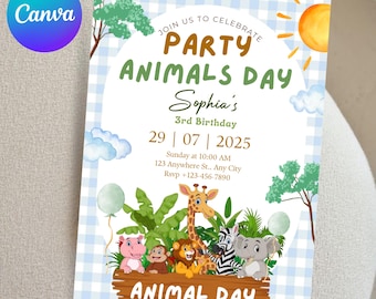 Bearbeitbare Party Animal Geburtstag einladen, Party Animal Tag, Kinder Geburtstagseinladung, Party Animal Kinder Geburtstag, Safari Animal Geburtstagsparty