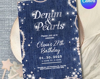 Denim and Pearls Birthday Invitation Template, Printable Pearl and Denim, Denim Birthday Party,Denim Party Invite,Pearls Invitation Template