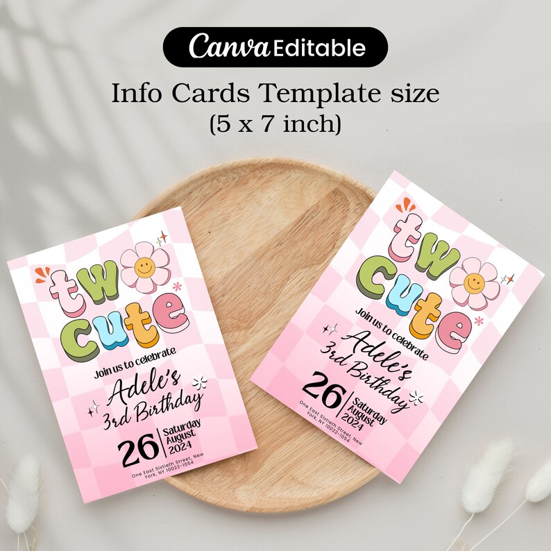 May include: Two pink and white invitation cards with a checkered background. The cards feature the text "tw cute" in colorful, outlined letters and a cartoon flower with a smiley face. The text "Join us to celebrate Adele's 3rd Birthday" is on the cards, along with the date "Saturday August 26, 2024".
