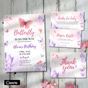 Butterfly Baby Shower Invitation, Editable Purple Butterfly Baby Shower Invitation Set for Girls, Canva Template Instant Download