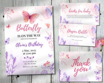 Schmetterling-Babypartyeinladung, bearbeitbares Lila Schmetterling-Babypartyeinladungs-Set für Mädchen, Canva Vorlage Sofort-Download