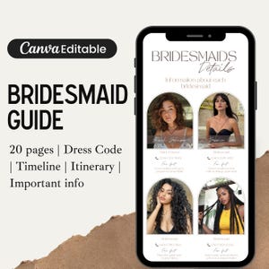 Lot de 20 guides de demoiselle d'honneur, modèle de guide de mariée modifiable, chronologie du jour du mariage, modèles d'informations de demoiselle d'honneur, modèle Canva