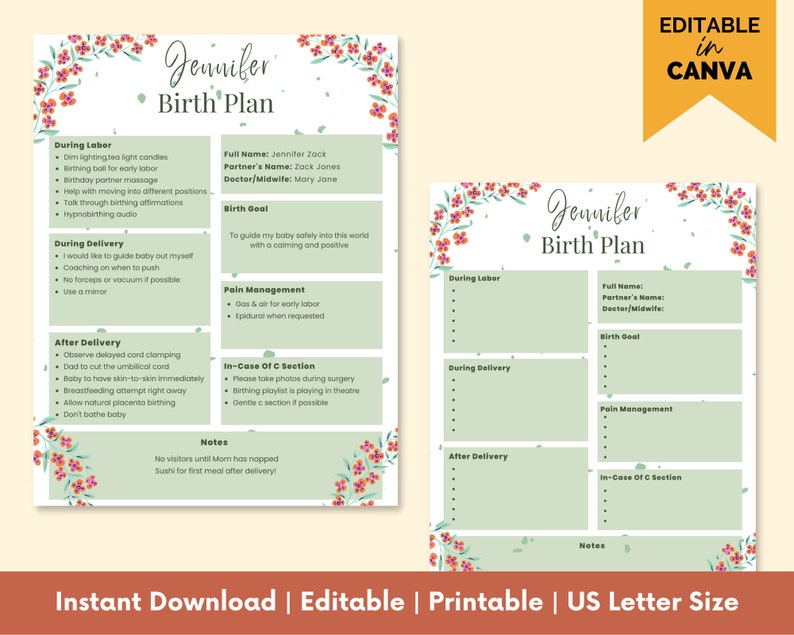 Editable Birth Plan Template, Canva Template, Simple Printable Birthing Editable Birth Plan Template, Canva Template, Simple Printable Birthing