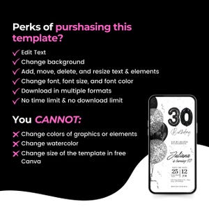May include: A black and white digital template for a 30th birthday party invitation. The template features a black and white illustration of balloons with the number 30 in the centre. The text "You're invited to celebrate Juliana is turning 30" is included. The text "Save the Date 25|12 PM" is also included.
