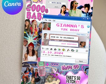 Invitation à une fête sur le thème rétro de l'an 2000 au début des années 2000, Flyer d'anniversaire imprimable inspiré de l'an 2000, décoration de bébé des années 90, modèle Canva téléchargement immédiat