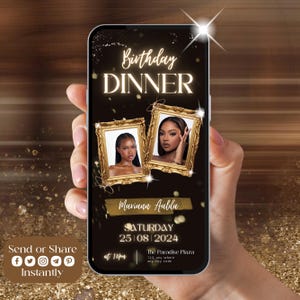 Digital Birthday Dinner Invitation, Animated Gold Birthday Invitation, Editable Invitation With Music, Text, Birthday Party Canva Template