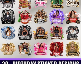 Geburtstags-Design-Vorlagen-Bundle, 30 + Geburtstagsaufkleber, Styroporbecher-Aufkleber, T-Shirt-Designs, bearbeitbarer rosa Gepard, Cowgirl, Kasino, Y2k Design