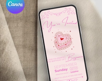 Digitale Herzform Kucheneinladung, Rosa 30. Geburtstag Party einladen, 30. Geburtstagseinladungsvorlage, Herzkuchen einladen Partyeinladung
