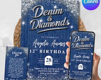 Denim and Diamonds Birthday invitation, Editable Denim Birthday Dinner Invites, Denim And Diamonds Party Invite, Canva Template
