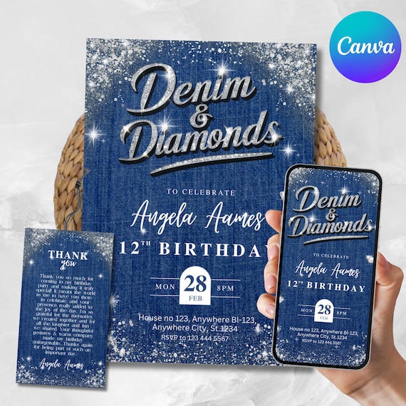 Denim and Diamonds Birthday invitation, Editable Denim Birthday Dinner Invites, Denim And Diamonds Party Invite, Canva Template