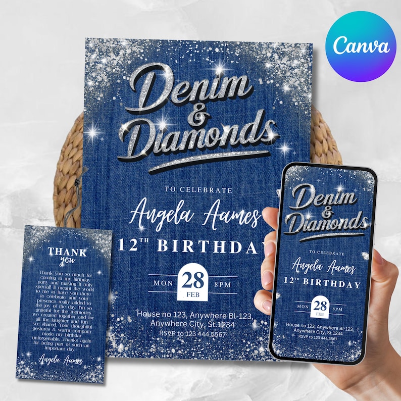 Denim and Diamonds Birthday invitation