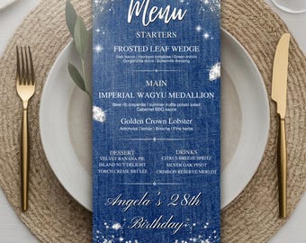 Denim And Diamonds Birthday Menu, Editable Denim & Diamonds Birthday Party Menu, Printable Dinner Menu Cards, Birthday Menu Canva Template