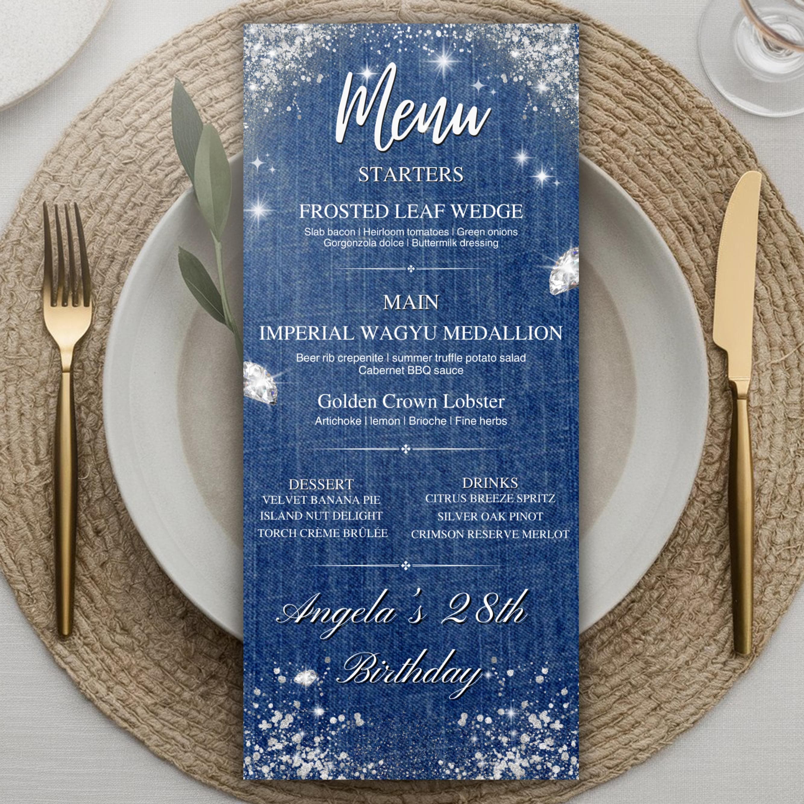 POTARO Denim and Diamonds Birthday Menu, Editable Denim & Diamonds