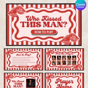 Peut inclure: Un modèle de jeu de soirée numérique intitulé GIRLS NIGHT GAME avec des bordures rayées rouges et blanches, des lignes ondulées et des illustrations de lèvres. Les diapositives incluent du texte comme Who Kissed THIS MAN? et How To Play.