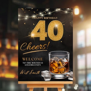 Fête des 40 ans pour homme, plaque de bienvenue modifiable de whisky, affiche imprimable de plaque d&#39;entrée, modèle Canva à 40 ans, téléchargement immédiat
