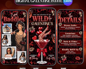 Convite digital para festa de Galentine com estampa de guepardo vermelho, Convite para noite das meninas, Convite para Galentine com guepardo vermelho, Convite para festa de Dia dos Namorados