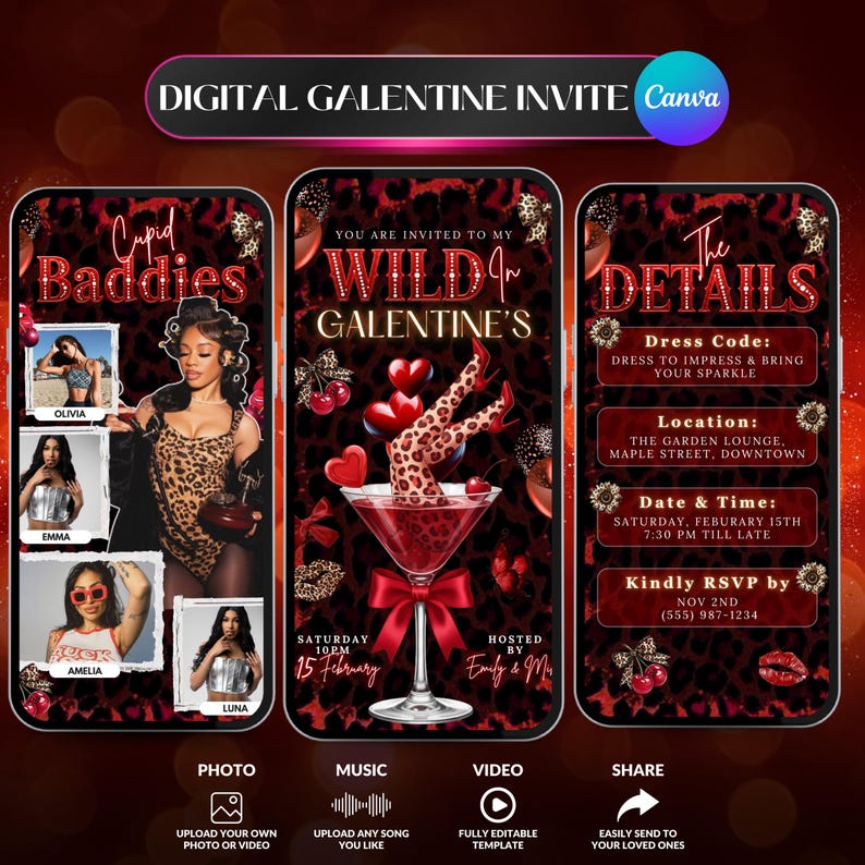 May include: Digital Galentine's invite with a red and black leopard print design. The invite includes details for a party, including the date, time, location, and dress code. The invite also features photos of women.