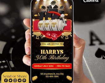 Electronic Casino Birthday Invitation, 21st 30th 40th 50th Poker Birthday Party, Casino Night Invite, Casino Retirement Party Canva Template