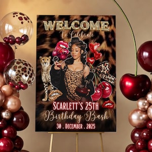 May include: A birthday party welcome sign featuring a woman in a leopard print dress, surrounded by cherry and leopard print balloons. The sign reads "WELCOME To Celebrate" and "Scarlett's 25th Birthday Bash 30. December. 2025".
