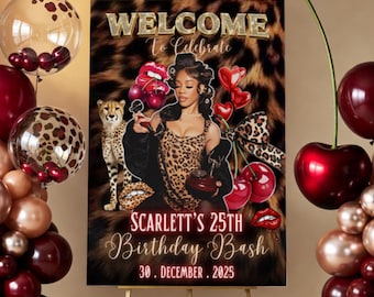 Cheetah Print Birthday Welcome Sign Leopard Red and gold Sign Poster,Red Cherry cheetah Party SignAdult cheetah Birthday Dinner sign